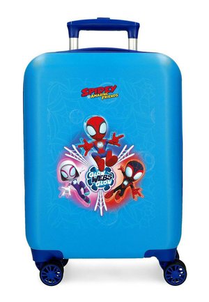 Maleta rígida azul con asa extensible, que muestra tres personajes luminosos de Spider-Man y el texto "Spidey y Sus Increíbles Amigos".
