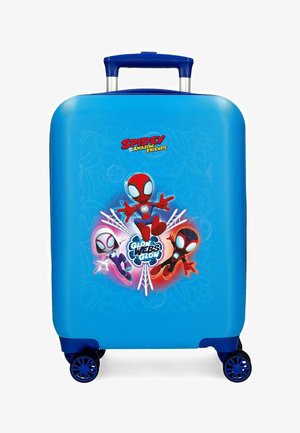 Maleta rígida azul con asa extensible, que muestra tres personajes luminosos de Spider-Man y el texto "Spidey y Sus Increíbles Amigos".