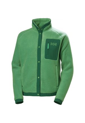Fleecová bunda v světle zelené barvě s kontrastní tmavě zelenou kapsou na zip; má vysoký límec a druky. Texturovaný, jemný materiál.