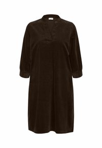 Brown corduroy dress with a V-neckline, three-quarter sleeves, and a loose fit. Minimalist design with no visible patterns or embellishments.