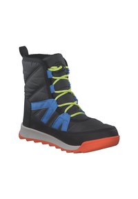 Czarne ocieplane buty zimowe z niebieskimi i zielonymi sznurowadłami, wyściełanym cholewką, szarym śródsolem i pomarańczową podeszwą, z wytrzymałym bieżnikiem.