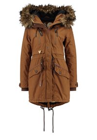 Parka marron avec capuche bordée de fourrure, fermeture éclair avant, taille et ourlet à cordon de serrage, deux poches zippées sur la poitrine et deux poches à rabat avec boutons.
