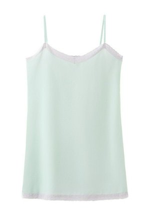 Lysegrøn ærmeløs slipkjole med tynde stropper, blonder langs halsudskæring og kant, vist på en hvid baggrund.