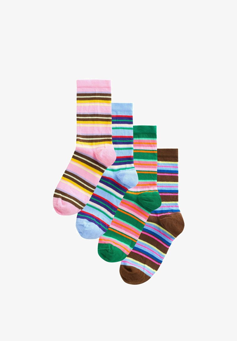 Patru șosete colorate cu dungi în nuanțe de roz, albastru, verde și maro, aranjate suprapuse pe un fundal alb.