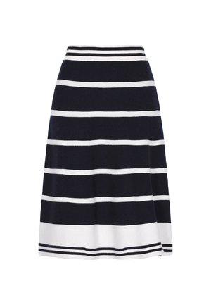 Knit A-line skirt featuring navy and white horizontal stripes, with a fitted waist and a gently flared hem. Soft, medium weight fabric.