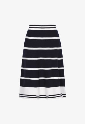 Knit A-line skirt featuring navy and white horizontal stripes, with a fitted waist and a gently flared hem. Soft, medium weight fabric.