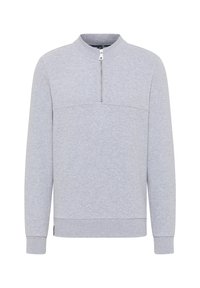 Grå sweatshirt med halvlukket krave, lange ærmer, ribbede manchetter og en vandret sømdetalje på brystet. Blødt stof.