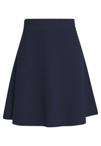 Gonna svasata blu navy realizzata in tessuto testurizzato, con vita alta e chiusura con zip laterale. Finitura liscia con forma ad A.
