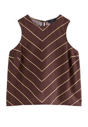 Top marrón sin mangas con rayas en chevron diagonales beige, escote redondo y un pequeño cierre de botón en la parte trasera.