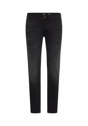 Black denim jeans featuring a slim fit, classic five-pocket design, subtle fading, and contrast stitching.  Smooth texture with a clean finish.