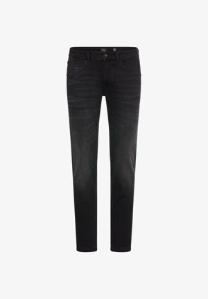 Schwarze Jeans aus Denim mit schmaler Passform, klassischem fünf-Taschen-Design, subtiler Ausbleichung und Kontrastnähten. Glatte Textur mit sauberem Finish.