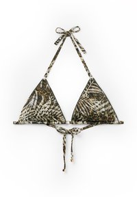 Triangular bikini top with a green, brown, and cream animal print. Thin straps are tied at the neck and back, featuring metal accents.