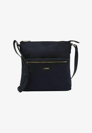 Navy Crossbody-Tasche aus glattem Stoff, mit einem Reißverschlussfach, goldenen Hardware-Akzenten und einem verstellbaren Tragegurt.