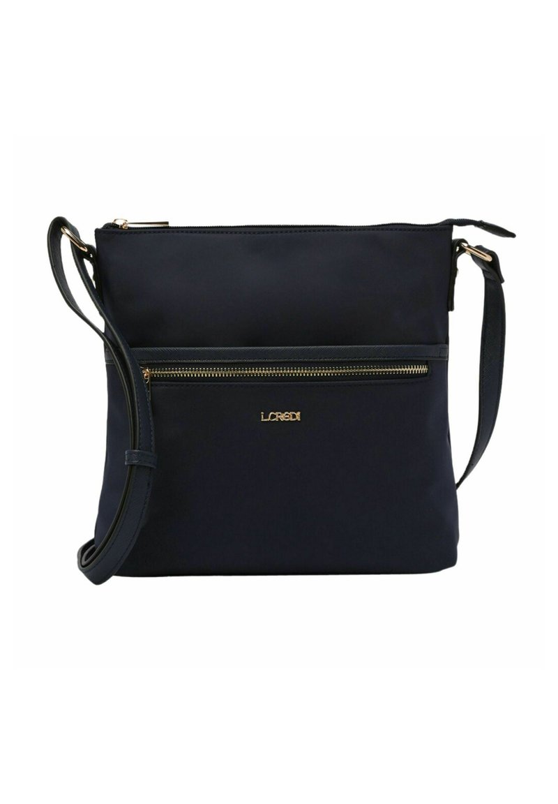 Borsa a tracolla blu navy realizzata in tessuto morbido, con tasca con zip, dettagli metallici dorati e tracolla regolabile.