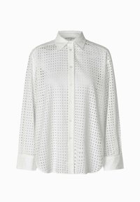 White cotton shirt featuring an eyelet design with a classic collar, button closure, and long sleeves with buttoned cuffs.