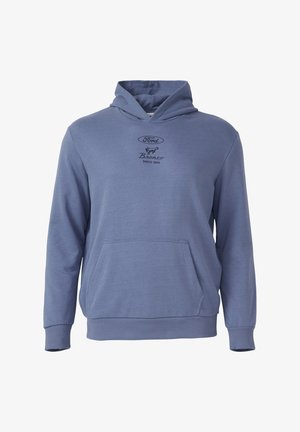 Herren-Hoodie in Blau, aus weichem Material gefertigt, mit einem Kängurutasche, gerippten Bündchen und einem gestickten Ford Bronco-Logo auf der Brust.