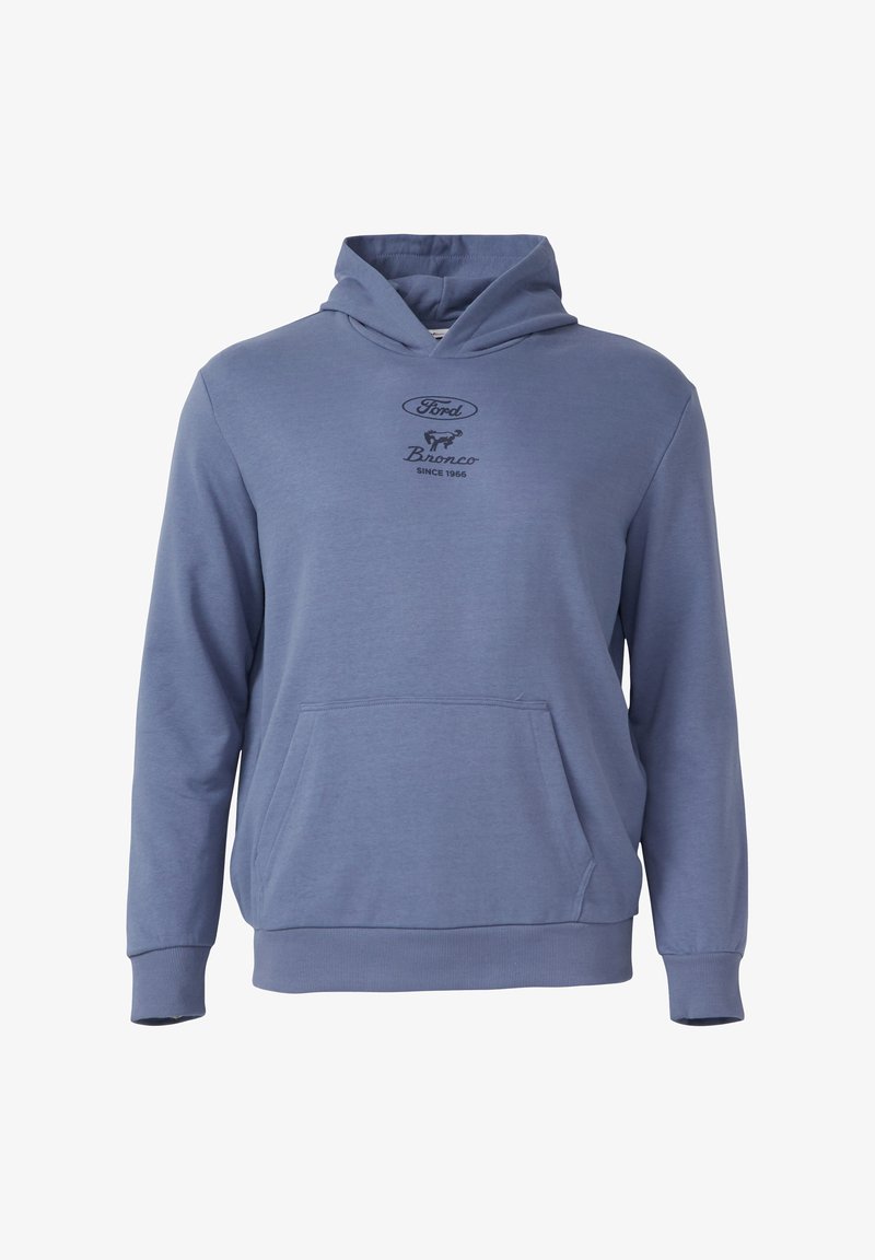 Felpa blu da uomo realizzata in materiale morbido, con tasca a canguro, polsini a coste e logo Ford Bronco ricamato sul petto.