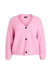 Mīksts rozā adīts kardigans ar trim melniem pogām, V veida kakla izgriezums, garām piedurknēm un nedaudz brīvu piegriezumu.