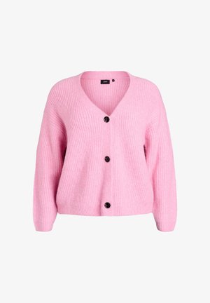 Pehmeä vaaleanpunainen neulejakku, jossa on kolme mustaa nappia, V-kaula-aukko, pitkät hihat ja hieman löysä istuvuus.