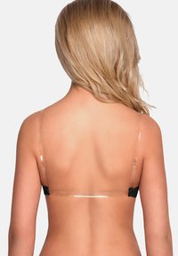 Reggiseno trasparente con spalline trasparenti, gancio nero sul retro, design senza cuciture, stile minimalista e texture liscia.