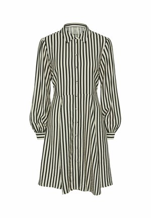 Fekete-fehér csíkos ruha, galléros nyakkal, hosszú puffos ujjal és gombos elülső résszel. Az anyag sima tapintású.