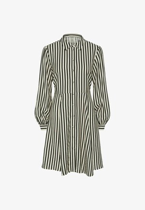 Fekete-fehér csíkos ruha, galléros nyakkal, hosszú puffos ujjal és gombos elülső résszel. Az anyag sima tapintású.