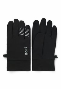 Black gloves made of a soft, stretchy material. Features a textured grip on the palm, and three horizontal white stripes on the back.