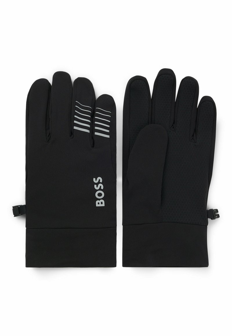 Black gloves made of a soft, stretchy material. Features a textured grip on the palm, and three horizontal white stripes on the back.
