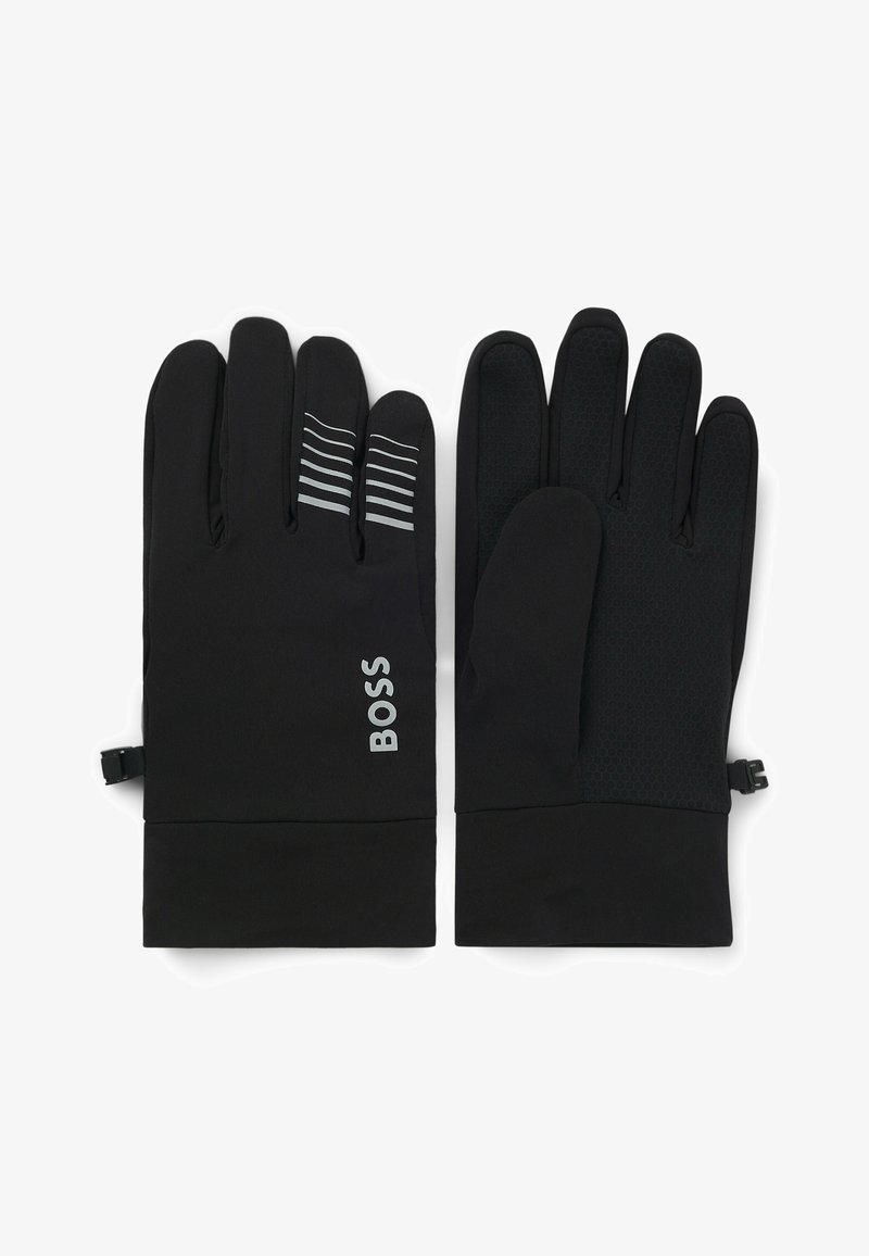 Black gloves made of a soft, stretchy material. Features a textured grip on the palm, and three horizontal white stripes on the back.