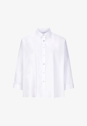 Witte kraagloze blouse met driekwartmouwen, gemaakt van een gladde, lichte stof met een ontspannen pasvorm en zonder patronen.