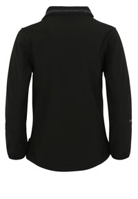 Svart softshell-jacka med långa ärmar, ståkrage och sidofickor. Har sömdetaljer och diskreta logotyper på baksidan.