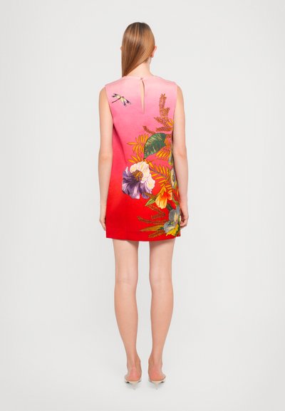 Dress with a gradient from pink to red, featuring floral prints in vibrant colors, sleeveless design, and a keyhole back detail.
