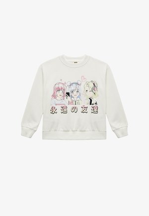 Witte sweatshirt met cartoonfiguren met roze, blauwe en blonde haren. Tekst onder de figuren in zwart en roze. Zachte stof; ronde halslijn.