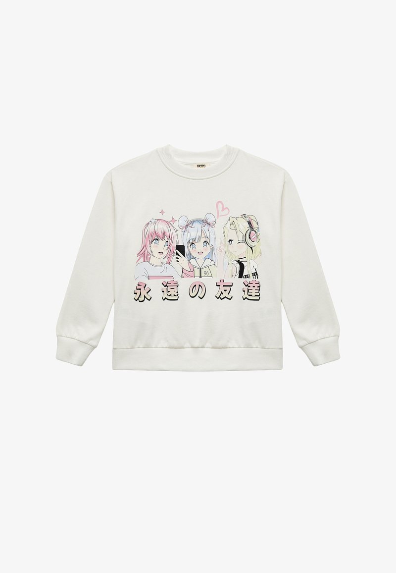 Sweatshirt blanc avec des personnages de dessins animés aux cheveux roses, bleus et blonds. Texte en dessous des personnages en noir et rose. Tissu doux ; col rond.
