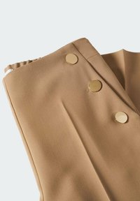 Beige high-waisted trousers met een gladde textuur, voorzien van drie gouden knopen aan de voorkant en geplooide details langs de zijkant.