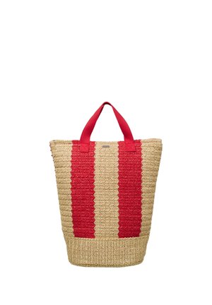 Sac cabas tissé beige à rayures rouges avec de larges anses rouges, debout sur un fond blanc.