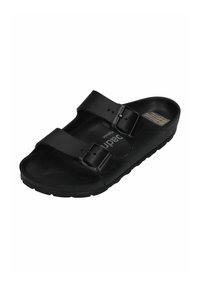 Black sandal featuring two adjustable buckles, a contoured footbed, and a textured sole for grip. Made from durable synthetic material.