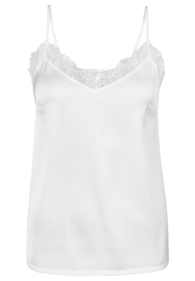 Biała bluzka na ramiączkach z gładkiego satynowego materiału, ozdobiona delikatną koronką wzdłuż dekoltu. Regulowane cienkie ramiączka oraz luźny krój.