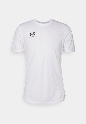 White short-sleeve athletic t-shirt made of lightweight fabric, featuring a black logo on the upper left side and a classic crew neckline.