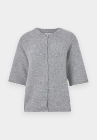 Gray knitted cardigan with short sleeves, round neckline, and button front. Features a textured fabric and a relaxed fit design.