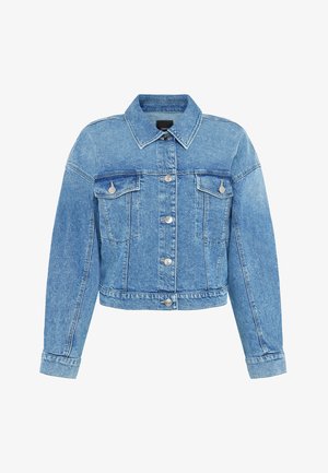 Blå cropped denimjakke med knaplukning foran, to brystlommer med klapper, lange ærmer og klassisk krave.