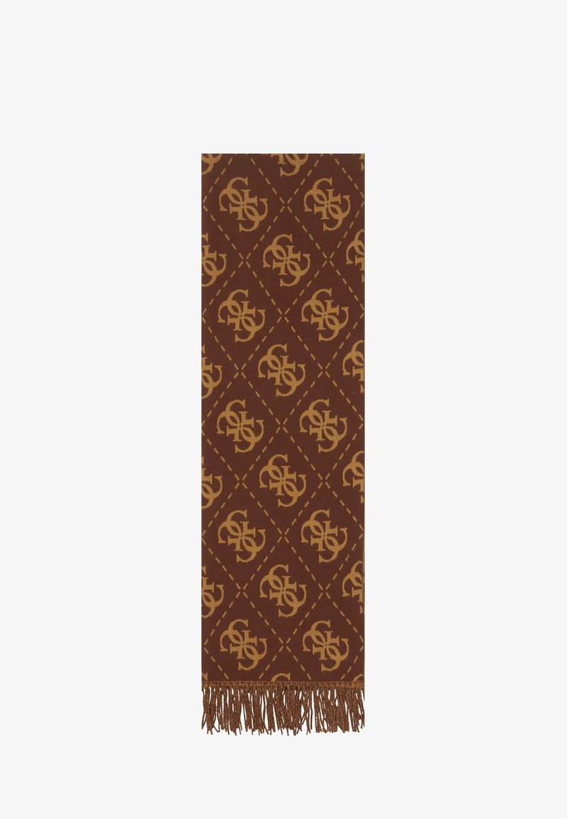 Brown patterned scarf with a diamond design, featuring a gold logo and fringe detailing at the ends. Soft texture and rectangular shape.