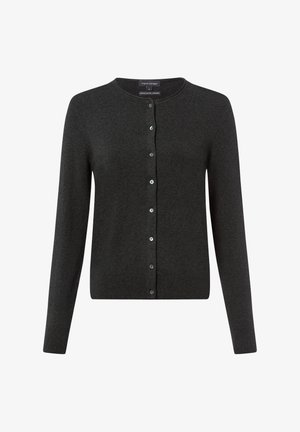 Cardigan gris foncé en tissu doux, avec un col rond, des manches longues et une fermeture à boutons bleus clairs.