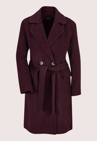 Donkerpaarse wollen mix lange jas met brede revers, dubbelzijdige knopen, zijflapzakken en een bijpassende riem die om de taille is geknoopt.