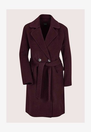 Dunkelviolettes Wollmischungsmantel mit breiten Revers, doppelt geknöpften Verschlüssen, seitlichen Klappentaschen und einem passenden Gürtel, der in der Taille gebunden ist.