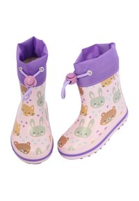 Bottes de pluie en PVC avec une base rose, ornées d'imprimés animaliers de lapins et d'ours. Accents violets et sommet ajustable avec un mécanisme de verrouillage par cordon.