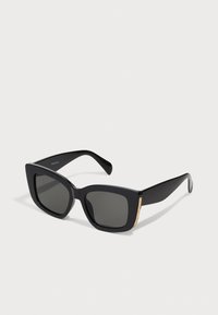 Black rectangular sunglasses with gray lenses, thick frames, and a gold accent on the side for added detail. Lightweight plastic material.