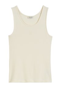 Kremfarget tank topp laget av ribbet stoff. Har rund hals og en liten preget logo foran.