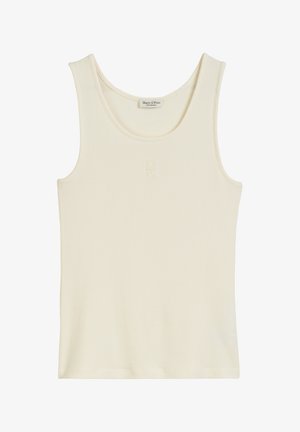 Cream-colored tank top made of ribbed fabric. Features a round neckline and a small embossed logo on the front.