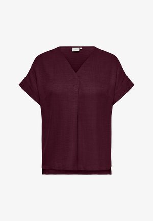 Damesblouse met korte mouwen en V-hals in donker bordeaux, losse pasvorm en licht gestructureerde stof.